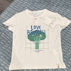 Zara White Tee with Blue & Green 'Love Broccoli' Print